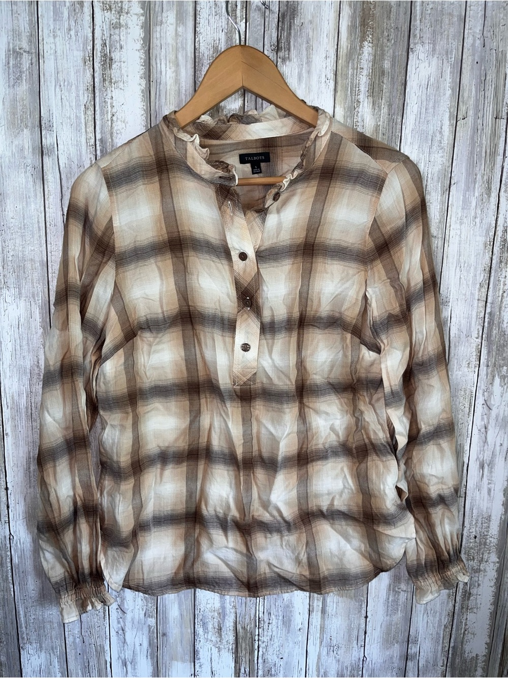 Talbots Ruffle Trim Popover Sunrise Plaid Top Blouse Brown Tan S - Picture 2 of 5
